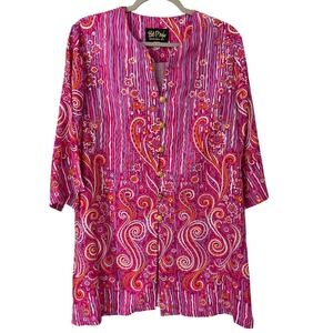 Bob Mackie Wearable Art Pink Paisley Stripe Linen Blend Tunic Top Size Medium